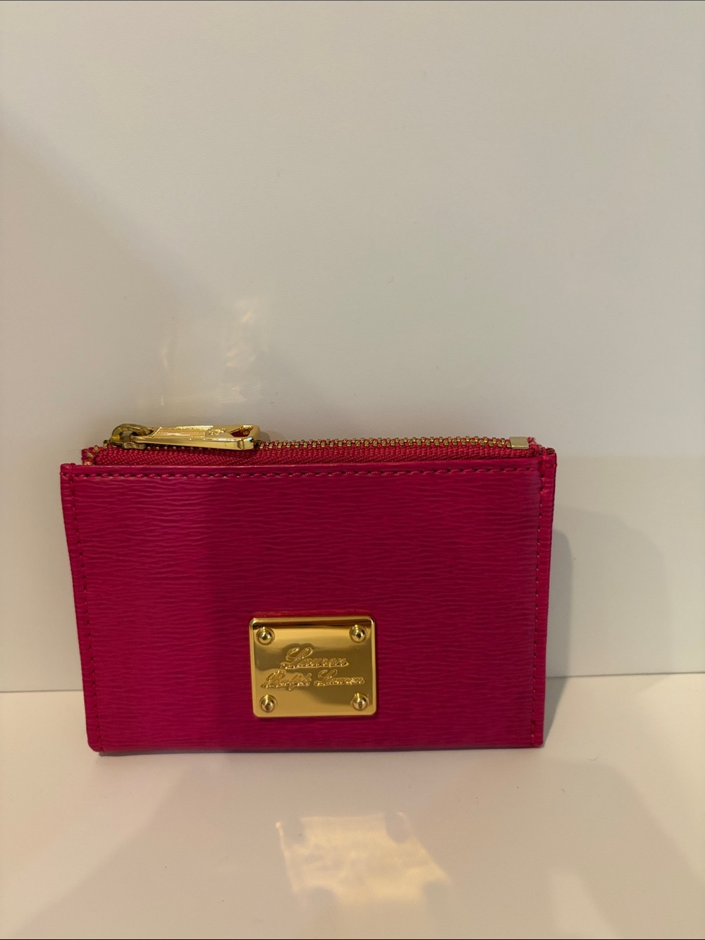 Ralph Lauren Hot Pink leather Card Wallet with Gold tone keychain